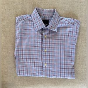 David Donahue Windowpane Check Print Spread Collar Shirt in Lavender 16 1/2 $155